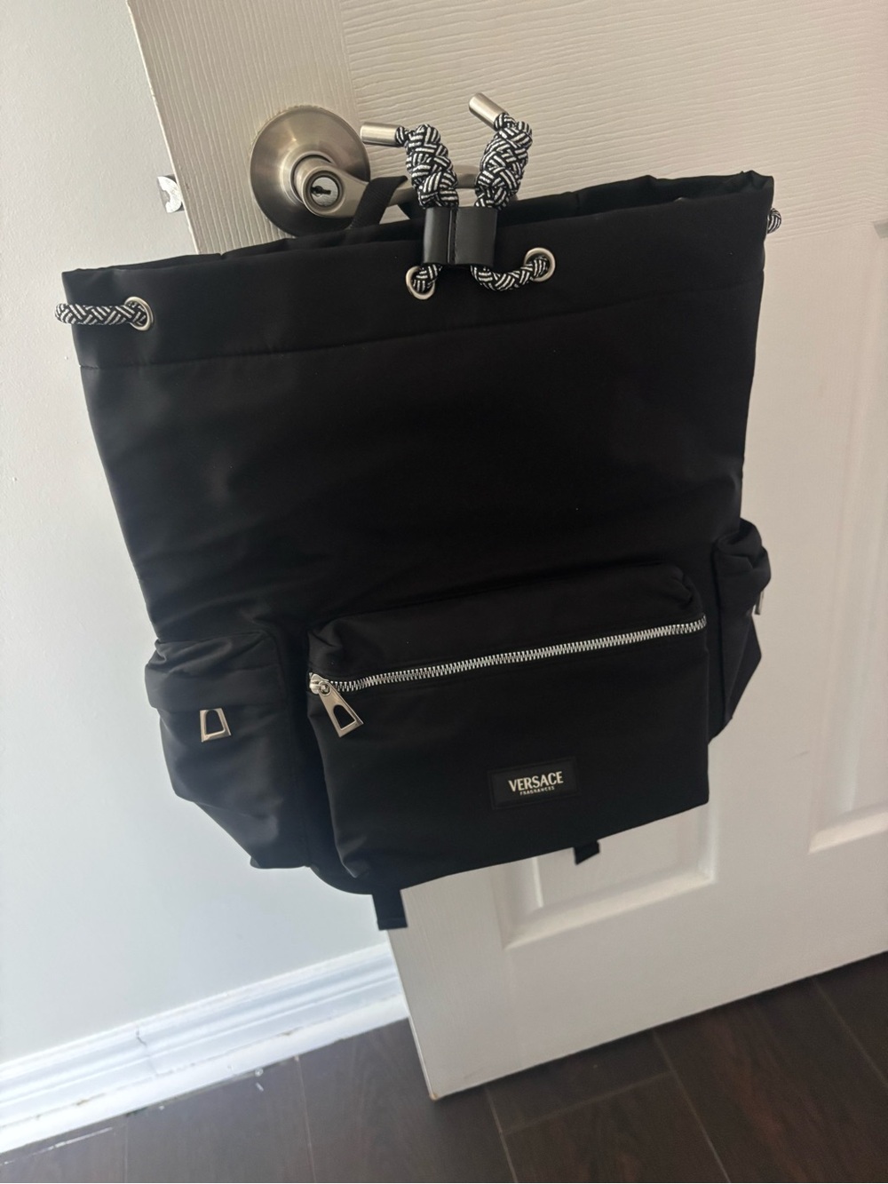 Versace Black Nylon Drawcord Backpack with Contrast Cord